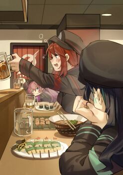 3girls alcohol beer beer_mug black_hair blue_eyes blush bowl breasts chopsticks commentary_request cup food geng99161 hat hatsune_miku highres holding holding_cup indoors large_breasts long_hair long_sleeves makizushi mug multicolored_hair multiple_girls noodles open_mouth original plate purple_eyes purple_hair ramen red_hair sitting streaked_hair sushi table two-tone_hair