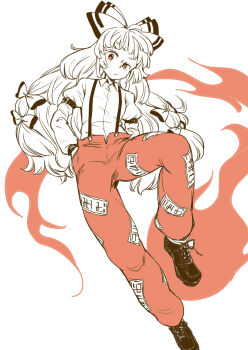 Rule 34 | 1girl, absurdres, bow, collared shirt, commentary, fire, fujiwara no mokou, full body, hair bow, hands in pockets, highres, long hair, looking at viewer, multiple hair bows, ofuda, ofuda on clothes, oninamako, pants, red eyes, red pants, shirt, shoes, solo, suspenders, touhou, very long hair