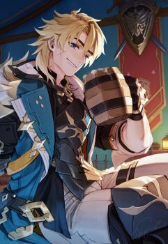 1boy alcohol aqua_coat arms_up banner belt black_belt black_gloves black_shirt blonde_hair blue_eyes coat collared_shirt cup genshin_impact gloves grin hashtag-only_commentary highres holding holding_cup male_focus medium_hair parted_hair shirt shokun_2 sitting smile solo tankard thigh_belt thigh_strap varka_(genshin_impact) white_shirt