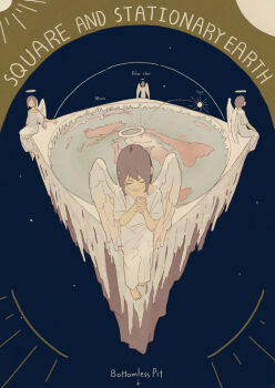 4girls angel angel_wings closed_eyes commentary dress earth_(planet) english_commentary english_text halo highres long_dress multiple_girls original others_(gogo-o) planet praying religion short_hair space star_(sky) white_dress wings