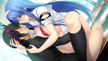 Rule 34 | 1boy, 1girl, black hair, black shirt, blue eyes, blue hair, bottomless, breasts, choukou (alicesoft), choukou shinki ixseal, choukou taisen escalation heroines, desk, ellis xillia, game cg, ikusabe tokisada, kiss, large breasts, long hair, on desk, onigirikun, sex, shirt, sitting, smile, straddling, vaginal