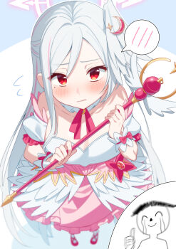 1girl 85neko absurdres alternate_breast_size_(larger) blue_archive breasts bustier chinese_clothes cleavage commentary_request detached_collar detached_sleeves doodle_sensei_(blue_archive) dress fake_wings foreshortening hair_between_eyes hanfu head_wings highres holding holding_wand large_breasts long_hair looking_at_viewer magical_girl mole mole_under_eye nervous pink_dress red_eyes sensei_(blue_archive) single_head_wing sleeves_past_wrists spoken_blush suzumi_(blue_archive) suzumi_(magical)_(blue_archive) underbust very_long_hair wand white_hair white_hanfu wings