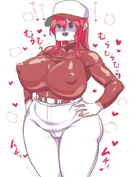 1girl absurdres baseball_cap baseball_uniform breasts commentary_request covered_erect_nipples faceless faceless_female hands_on_own_hips hat heart highres huge_breasts jikkyou_powerful_pro_yakyuu kikudo_aira long_hair pants paper_on_head pink_hair power_pro_appli red_shirt sassou6725 shirt solo sound_effects sportswear steaming_body trembling white_background white_pants
