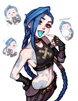 1girl arcane:_league_of_legends arcane_jinx arm_tattoo artist_name asymmetrical_bangs bare_shoulders blue_hair blushyspicy braid breasts cloud_tattoo collarbone commentary crop_top eating english_commentary fingerless_gloves gloves glowing_tongue highres holding jinx_(league_of_legends) league_of_legends long_hair looking_at_viewer navel open_mouth pants pink_eyes shoulder_tattoo smile striped_clothes striped_pants tattoo tongue tongue_out twin_braids very_long_hair