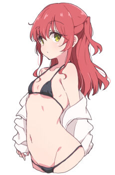 1girl bikini black_bikini bocchi_the_rock! breasts collarbone green_eyes hair_between_eyes highres kita_ikuyo long_hair long_sleeves looking_at_viewer lowleg lowleg_bikini mel_(melty_pot) navel off_shoulder one_side_up open_clothes open_shirt red_hair shirt simple_background small_breasts solo string_bikini swimsuit white_background white_shirt