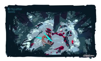 1boy armor black_eyes bladed_tonfa blonde_hair border copyright_name energy_blade fofofoforstart forehead_jewel forest helmet highres holding holding_weapon long_hair mega_man_(series) mega_man_zero_(series) mega_man_zero_3 nature red_armor red_helmet solo twitter_username weapon white_border wide_shot