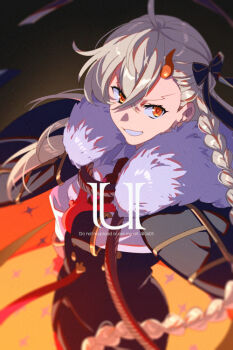 1girl asymmetrical_bangs black_coat black_skirt braid breasts coat coat_on_shoulders collared_shirt echo_(circa) fate/grand_order fate_(series) fur-trimmed_coat fur_trim gloves grin hair_ribbon high-waist_skirt horns long_hair long_sleeves looking_at_viewer medium_breasts necktie olga_marie_animusphere olga_marie_animusphere_(unbeast) orange_eyes pencil_skirt red_gloves ribbon shirt single_horn skirt smile solo very_long_hair white_hair white_shirt