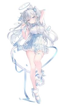 1girl absurdres arm_up bare_legs blue_boots blue_eyes blue_ribbon blue_skirt boots breasts closed_mouth commission flower hair_ribbon hand_up head_tilt high_collar highres holding holding_flower ichigoyama large_breasts leg_up light_blush long_hair looking_at_viewer nekone_uyu ribbon simple_background skirt sleeveless socks very_long_hair white_background white_hair white_socks white_tail