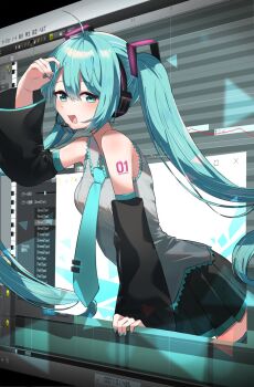 1girl aqua_eyes aqua_hair aqua_nails aqua_necktie aqua_trim bare_shoulders black_skirt black_sleeves boots computer detached_sleeves ga-chan_(kokonattusoul) grey_shirt hatsune_miku highres looking_at_viewer miniskirt monitor necktie open_mouth shirt skirt sleeveless sleeveless_shirt thigh_boots tie_clip twintails vocaloid