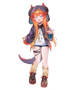 1girl :d \||/ black_choker black_shoes blonde_hair blue_eyes blue_shorts blush center-flap_bangs choker double-parted_bangs fake_horns fake_tail fang full_body gem gradient_hair hair_ornament hair_over_shoulder head_tilt highres hitsugi_miki hood hood_up hooded_robe horned_hood horns kneehighs long_hair long_sleeves looking_at_viewer loose_socks miki_hitsugi multicolored_hair official_art open_clothes open_mouth open_robe orange_hair outstretched_arm pendant_choker print_shirt purple_robe reaching reaching_towards_viewer red_gemstone red_trim robe shirt shoes short_shorts shorts simple_background skin_fang skindentation smile socks solo specialite_(company) specialite_en standing standing_on_one_leg straight-on tail thick_eyelashes thigh_gap thigh_strap transparent_background two-sided_fabric two-sided_robe v-shaped_eyebrows virtual_youtuber white_shirt wide_sleeves y_o_u_k_a yellow_socks ||/