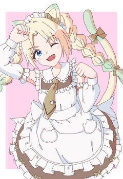 1girl ;d animal_ears apron arm_up armpits blonde_hair blue_eyes border braid brown_dress brown_necktie cat_ears cat_girl cat_tail collared_dress commentary_request contrast_collar cowboy_shot detached_sleeves dress fang frilled_apron frilled_shirt_collar frilled_sleeves frills gradient_hair green_hair highres link!_like!_love_live! long_hair long_sleeves looking_at_viewer love_live! maid maid_apron maid_headdress multicolored_hair necktie nyan_nyan_nyan_fair_in_gamers one_eye_closed open_mouth osawa_rurino outside_border pink_background simple_background sinjukuiti skin_fang sleeveless sleeveless_dress smile solo tail tie_clip twin_braids virtual_youtuber white_apron white_border white_sleeves
