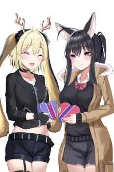 1boy 1girl :d ^_^ ahoge animal_ear_request animal_ears antlers black_choker black_gloves black_hair black_jacket black_sweater blonde_hair blush bow bowtie breasts brown_coat carrot_choker chain choker closed_eyes closed_mouth coat collarbone collared_shirt commentary commission cowboy_shot cropped_jacket cropped_shirt english_commentary facing_another fingerless_gloves full-length_zipper fur-trimmed_collar fur_trim gift gloves hands_up highres holding holding_gift horns jackalope_girl jacket long_hair long_sidelocks long_sleeves looking_at_another lop_rabbit_ears medium_breasts medium_hair micro_shorts midriff_peek miniskirt multicolored_hair open_mouth original pinstripe_pattern pinstripe_skirt pixiv_commission ponytail rabbit_ears raised_eyebrows red_bow red_bowtie shirt shirt_under_sweater shorts sidelocks simple_background skirt sleeves_past_wrists smile sweater teeth three-quarter_sleeves trap two-tone_hair upper_teeth_only valentine white_background white_shirt xialuluo_(sharuro) zipper