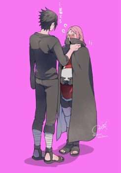 1boy 1girl adjusting_another's_clothes amputee bandaged_leg bandages bike_shorts black_cloak black_hair black_pants black_shirt black_shoes black_shorts blush cloak commentary_request couple dress facial_mark forehead_mark full_body green_eyes hands_on_own_stomach haruno_sakura hetero highres knee_sleeve looking_at_another medium_hair miwokirihana naruto_(series) naruto_shippuuden open-toe_shoes pants parted_bangs pink_background pink_hair pregnant red_dress shared_clothes shirt shoes shorts signature standing twitter_username uchiha_sasuke