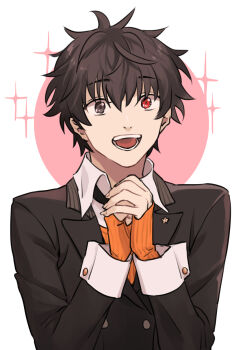 1boy ai_the_somnium_files ai_the_somnium_files:_nirvana_initiative black_eyes black_hair buttons circle collared_shirt commentary_request fingernails heterochromia highres lapels long_sleeves male_focus open_mouth own_hands_together red_eyes ryuki_kuruto shirt short_hair solo star_(symbol) teeth teiuyou upper_body white_background