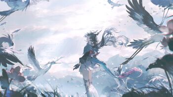 Rule 34 | 1girl, arknights, arknights: endfield, bird, black gloves, black hair, boots, chen qianyu (arknights), crane (animal), dragon girl, dragon horns, dragon tail, feet out of frame, gloves, highres, horns, logo, long hair, official art, outdoors, ponytail, profile, rella, second-party source, skirt, solo, tail, white skirt