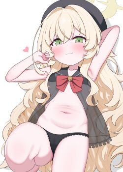 1girl :3 absurdres arm_behind_head arm_up armpits babydoll bare_shoulders beret black_hat black_panties black_sailor_collar blackness_(blackness661) blonde_hair blue_archive blush bow bowtie closed_mouth commentary_request cowboy_shot fluffy_hair green_eyes halo hat heart highres loli long_hair looking_at_viewer navel paid_reward_available panties professor_niyaniya_(blue_archive) red_bow red_bowtie sailor_collar simple_background smile solo stomach underwear very_long_hair white_background