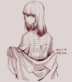Rule 34 | 1girl, blunt bangs, bra visible through clothes, closed mouth, colored tips, commentary request, dated, expressionless, from behind, jacket, jouhou, long sleeves, looking at viewer, looking back, medium hair, monochrome, multicolored hair, off shoulder, satsuki yomi, shirt, simple background, solo, striped clothes, striped shirt, toji no miko, undressing, white background