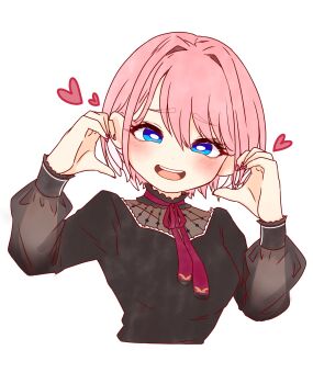 1girl absurdres black_shirt blue_eyes blush breasts commentary_request cropped_torso hair_between_eyes hands_up heart highres hololive long_sleeves looking_at_viewer medium_breasts neck_ribbon official_alternate_costume open_mouth pink_hair red_ribbon ribbon ringo_21_a shirt short_hair simple_background smile solo swept_bangs takane_lui takane_lui_(casual) virtual_youtuber white_background