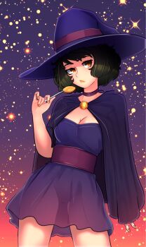 1girl black_hair blysill brown_eyes candy cape choker closed_mouth commentary cowboy_shot dress english_commentary food gradient_background hand_up hat highres holding holding_candy holding_food holding_lollipop kawakami_sadayo large_hat lollipop looking_at_viewer orange_nails persona persona_5 purple_background purple_cape purple_choker purple_dress purple_hat purple_sash sash see-through_clothes see-through_dress short_hair solo standing star_(sky) starry_sky_background witch_hat