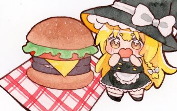 1girl apron black_hat black_shoes black_skirt black_vest blonde_hair blush bow braid burger buttons chibi commentary_request food hands_up hat hat_bow kirisame_marisa large_hat long_hair open_mouth painting_(medium) plaid_tablecloth pppppks shirt shoes short_sleeves single_braid skirt socks solo tablecloth touhou traditional_media vest watercolor_(medium) white_apron white_background white_bow white_shirt white_socks witch witch_hat yellow_eyes