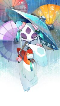 7wwjzy closed_eyes flower froslass full_body gen_4_pokemon highres holding holding_lantern holding_umbrella hydrangea lantern nintendo no_humans obi oil-paper_umbrella paper_lantern pokemon pokemon_(creature) rain sash solo tassel umbrella