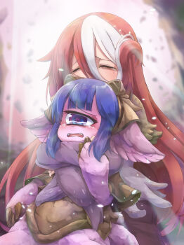 2girls animal_ears bags_under_eyes blue_eyes blue_hair blunt_bangs blurry blurry_background brown_capelet brown_headwear brown_shirt capelet claws closed_eyes commentary_request cowboy_shot crying cyclops day falling_petals furry hand_on_another's_arm hand_up hat hidarikata highres hug hug_from_behind light_beam long_hair made_in_abyss multicolored_eyes multicolored_hair multiple_girls one-eyed open_mouth outdoors pakkoyan petals purple_eyes purple_fur red_hair shirt short_hair sidelocks streaked_hair tearing_up tears very_long_hair vueko white_hair