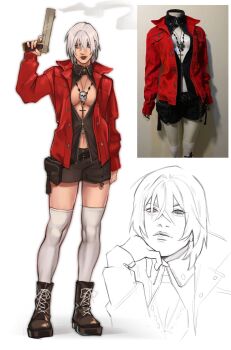 Rule 34 | 1girl, 50gryvnia, adapted costume, black boots, black jacket, black shirt, boots, breasts, dante (devil may cry), devil may cry (series), genderswap, genderswap (mtf), gun, handgun, hashtag-only commentary, highres, jacket, jewelry, medium breasts, necklace, reference inset, shirt, skull necklace, thighhighs, weapon, white hair, white thighhighs