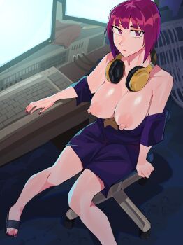 1girl absurdres bare_shoulders blue_dress breasts breasts_out bright_pupils chair computer_keyboard diforland dress headphones highres indoors large_breasts looking_at_viewer monitor nipples original pink_hair purple_eyes sitting solo white_pupils