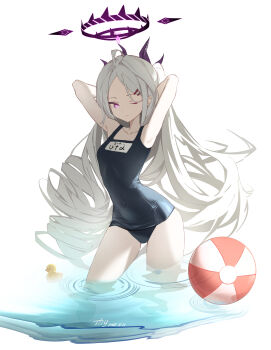1girl absurdres ahoge armpits black_halo blue_archive breasts demon_girl demon_horns halo highres hina_(blue_archive) hina_(swimsuit)_(blue_archive) horns long_hair looking_at_viewer old_school_swimsuit one_eye_closed purple_eyes school_swimsuit sikadi_shigaoshou simple_background small_breasts solo swimsuit very_long_hair water white_hair