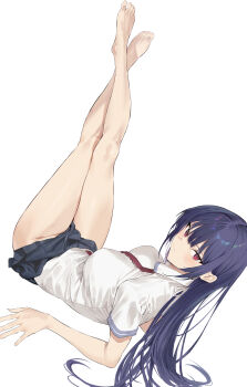 1girl absurdres bare_legs barefoot black_skirt blue_hair breasts crossed_legs haite_kudasai_takamine-san highres hiiragi_yuuichi large_breasts legs_up long_hair looking_at_viewer looking_back lying miniskirt no_panties official_art on_back pleated_skirt red_eyes school_uniform shirt short_sleeves simple_background skirt smile solo takamine_takane very_long_hair white_background white_shirt