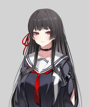 1girl absurdres black_choker black_hair black_jacket blunt_sidelocks chisa_(wuthering_waves) choker collarbone commentary english_commentary grey_background hair_ribbon highres jacket long_hair neckerchief open_clothes open_jacket red_eyes red_neckerchief red_ribbon ribbon sailor_collar school_uniform serafuku shiraitoart983 sidelocks simple_background smile solo upper_body white_sailor_collar wuthering_waves