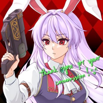 1girl animal_ears arm_belt ascot belt bnelsey brooch brown_belt collared_shirt commentary cosplay eiyuu_densetsu english_commentary english_text gun holding holding_gun holding_weapon jewelry long_hair long_sleeves purple_hair rabbit_ears rabbit_girl red_eyes reisen_udongein_inaba shirt solo sora_no_kiseki touhou trigger_discipline weapon white_ascot white_shirt