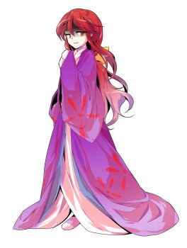 Rule 34 | 1girl, alphes (style), bow, coat, commentary request, dairi, floral print, full body, hair between eyes, hair bow, hand up, highres, japanese clothes, kimono, kotohime (touhou), large variant set, long hair, long sleeves, low-tied long hair, open clothes, open coat, parody, parted lips, purple coat, red eyes, red hair, shaded face, smile, solo, standing, style parody, tachi-e, touhou, touhou (pc-98), transparent background, v arms, variant set, white kimono, wide sleeves, yellow bow