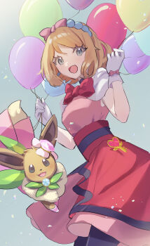 1girl :d amoi_(amoi6v6) balloon black_choker black_pantyhose blonde_hair blush bow bowtie capelet choker commentary_request eevee eyelashes gen_1_pokemon gloves grey_background grey_eyes hairband hands_up highres holding holding_string looking_down medium_hair nintendo open_mouth pantyhose pink_shirt pokemon pokemon_(anime) pokemon_(creature) pokemon_xy_(anime) red_bow red_bowtie red_skirt serena_(pokemon) shirt skirt smile string tongue w_arms white_capelet white_gloves