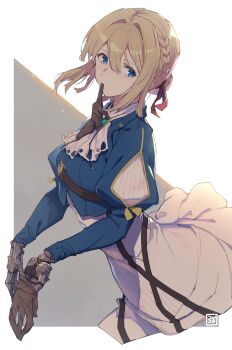 1girl 3s_(tarariko) absurdres artist_logo ascot blonde_hair blue_eyes blue_jacket bolo_tie braid brooch brown_gloves commentary cropped_jacket cropped_legs double-parted_bangs dress from_side gem glove_in_mouth gloves green_gem hair_between_eyes hair_bun hair_ribbon highres jacket jewelry juliet_sleeves logo long_sleeves looking_at_viewer mechanical_hands mouth_hold prosthesis prosthetic_hand puffy_sleeves red_ribbon removing_glove ribbon short_hair single_hair_bun solo violet_evergarden violet_evergarden_(series) white_ascot white_dress