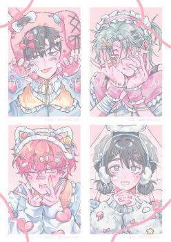 Rule 34 | 2boys, 2girls, ;p, alien stage, alternate costume, animal ears, bandaid, bandaid hair ornament, black eyes, black hair, blue sweater, bow, candy hair ornament, chocorocotan, claw pose, commentary, double bun, earmuffs, english commentary, eyepatch, fake animal ears, fang, food-themed hair ornament, frilled hairband, frills, green eyes, grey hair, hair bow, hair bun, hair ornament, hairband, hairclip, heart, heart hair ornament, ivan (alien stage), lollipop hair ornament, medical eyepatch, mizi (alien stage), multiple boys, multiple girls, one eye closed, pink hair, pink hairband, purple eyes, rainbow, red pupils, sample watermark, short hair, sticker, sticker on face, sua (alien stage), sweater, till (alien stage), tongue, tongue out, very short hair, watermark, yellow eyes