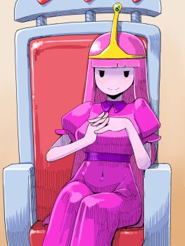 1girl adventure_time blush breasts colored_skin commentary_request dress female_focus highres long_hair medium_breasts misonou_hirokichi no_pupils pink_hair pink_skin princess_bonnibel_bubblegum sitting smile solo tiara very_long_hair