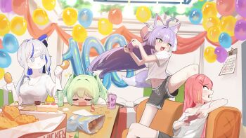 4girls :t absurdres ahoge animal_ear_fluff animal_ears aokumo_rin bag_of_chips balloon blue_eyes blush box breasts bright_pupils cake cake_slice calendar_(object) can chicken_(food) chicken_leg cleavage closed_eyes closed_mouth commentary_request controller dithering drink_can eating eggrice_v empty_eyes exhausted flower food food_bite game_controller green_eyes green_hair grey_hair grey_shirt grey_shorts hair_ornament hairclip hanako_nana hands_up hat head_on_table highres holding holding_controller holding_food holding_game_controller indoors korean_commentary large_breasts long_hair looking_to_the_side medium_hair midriff_peek multicolored_hair multiple_girls navel nose_blush off-shoulder_shirt off_shoulder open_mouth parallel_hairclips party_hat pink_hair purple_hair putting_on_coat raised_inner_eyebrows shirt short_shorts short_sleeves shorts sitting star-shaped_pupils star_(symbol) stellive streaked_hair sweat symbol-shaped_pupils t-shirt table tenko_shibuki unworn_hat unworn_headwear v-shaped_eyebrows very_long_hair virtual_youtuber white_pupils yellow_pupils yuzuha_riko