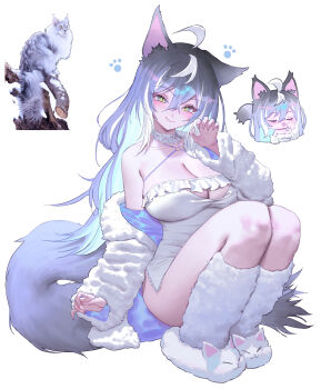 1girl absurdres ahoge animal_ears animal_slippers breasts cat cat_ears cat_girl cat_slippers cat_tail claw_pose cleavage cleavage_cutout clothing_cutout coat commentary fang fur_jacket fur_leg_warmers gradient_hair grey_hair highres jacket large_breasts leg_warmers long_hair looking_at_viewer multicolored_hair off-shoulder_jacket off_shoulder original photo-referenced reference_inset simple_background sitting slippers smile solo symbol-only_commentary tail two-tone_hair white_background white_coat white_hair wonbin_lee yellow_eyes