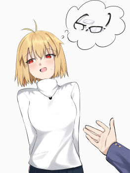 1boy 1girl absurdres ahoge arcueid_brunestud arms_behind_back blonde_hair blue_skirt blush broken_eyewear commentary coti_neko english_commentary glasses highres jewelry looking_to_the_side necklace nervous nervous_smile nervous_sweating reaching reaching_towards_another red_eyes school_uniform short_hair skirt smile souya_high_school_uniform sweat sweater tohno_shiki tsukihime tsukihime_(remake) turtleneck turtleneck_sweater white_sweater