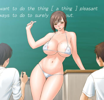 1girl 2boys age_difference areola_slip bare_shoulders bikini blush breasts brown_eyes brown_hair chalk chalkboard chalkboard_writing classroom cleavage collarbone commentary covered_erect_nipples curvy embarrassed english_text engrish_text fusano_fumie gluteal_fold groin hand_on_table highres holding holding_chalk hourglass huge_breasts leaning_to_the_side lucky_earth_laboratory makeup matching_hair/eyes micro_bikini milk_junkies milk_junkies_2 mole mole_on_breast multiple_boys navel nipples original raised_eyebrows ranguage school school_uniform shiny_skin short_hair shota standing string_bikini swimsuit tatsunami_youtoku teacher teacher_and_student teaching thigh_gap white_bikini wide_hips