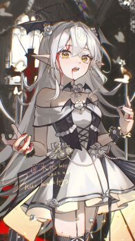 Rule 34 | 1girl, absurdres, armpit crease, bat wings, blood, blood from mouth, blood on face, blood on hands, blurry, blurry background, brown wings, choker, chromatic aberration, cowboy shot, cross, cross earrings, day, dress, earrings, eyelashes, fingernails, frills, gem, hafly, hair between eyes, hair intakes, hair ornament, halo, head wings, highres, indoors, jewelry, off-shoulder dress, off shoulder, open mouth, original, pearl (gemstone), pointy ears, solo, standing, teeth, tongue, upper teeth only, watermark, wings, yellow eyes