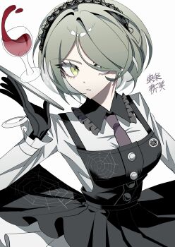 1girl absurdres alcohol black_gloves breasts collared_shirt commentary cup danganronpa_(series) danganronpa_v3:_killing_harmony dress drinking_glass eyelashes gloves green_eyes grey_hair hair_over_one_eye hairband highres holding holding_tray lace-trimmed_hairband lace_trim long_sleeves looking_at_viewer lv_k1b0 maid necktie purple_necktie red_wine shirt short_hair solo spider_web_print spilling tojo_kirumi tray upper_body white_background white_shirt wine wine_glass