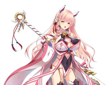 1girl bare_shoulders bell black_thighhighs braid breasts chikubi_(artist) cleavage cleavage_cutout clothing_cutout covered_erect_nipples covered_navel cowboy_shot detached_sleeves flower game_cg garter_straps gluteal_fold hair_flower hair_ornament headgear highleg highleg_leotard holding holding_weapon huge_breasts kusarou large_variant_set leotard long_hair looking_at_viewer magical_girl mahou_shoujo_inori morita_ouka non-web_source official_art open_mouth orange_eyes pink_hair ribbon side_braid solo staff thighhighs transparent_background variant_set weapon wide_sleeves yellow_eyes