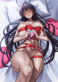Rule 34 | 1girl, bare shoulders, black hair, blue archive, blush, box, breasts, cleavage, collarbone, commentary request, dark-skinned female, dark skin, enun, furrowed brow, gift, gift box, hair between eyes, hair spread out, halo, heart, heart-shaped box, heart-shaped pillow, highres, holding, holding box, huge breasts, karin (blue archive), long hair, looking at viewer, lying, naked ribbon, navel, on back, parted lips, pillow, ponytail, purple halo, red ribbon, ribbon, skindentation, solo, stomach, sweat, thick thighs, thighs, toned, toned female, valentine, very long hair, yellow eyes