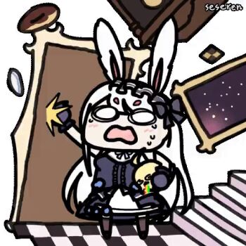 1girl @_@ alice&#039;s_adventures_in_wonderland animated animated_gif azur_lane baby_animal bird chick cookie donut door food knocking long_hair lowres manjuu_(azur_lane) nervous nervous_sweating open_mouth rabbit_ears seseren shimakaze_(azur_lane) sweat vomit vomiting_rainbows
