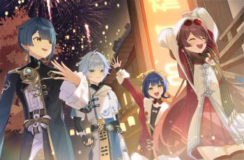2boys 2girls :d aerial_fireworks arm_up arms_up belt black_belt black_shirt blue_coat blue_eyes blue_hair braid brown_hair chinese_clothes chongyun_(genshin_impact) closed_eyes closed_mouth coat colored_eyelashes commentary_request dress earrings eyewear_on_head fireworks frilled_sleeves frills fur-trimmed_jacket fur_trim genshin_impact hair_between_eyes hair_intakes hand_up hat hat_with_ears highres hood hood_down hoodie hu_tao_(cherries_snow-laden)_(genshin_impact) hu_tao_(genshin_impact) jacket jewelry lantern lantern_festival long_hair long_sleeves looking_at_another looking_at_viewer multiple_boys multiple_girls official_alternate_costume open_mouth outdoors paper_lantern red-tinted_eyewear red_jacket red_skirt round_eyewear scarf shirt short_hair single_earring skirt sky_lantern smile tassel tassel_earrings thighhighs tinted_eyewear vision_(genshin_impact) white_dress white_hat white_hoodie xiangling_(genshin_impact) xiangling_(new_year's_cheer)_(genshin_impact) xingqiu_(genshin_impact) yellow_eyes yellow_hat yui_4293