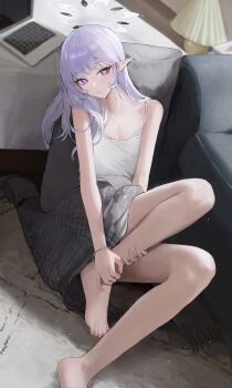 1girl absurdres alternate_costume bare_legs barefoot blue_archive breasts camisole computer earclip full_body grey_hair halo highres himari_(blue_archive) indoors jianjia laptop long_hair looking_at_viewer mole mole_under_eye pointy_ears purple_eyes sitting small_breasts solo toes white_camisole