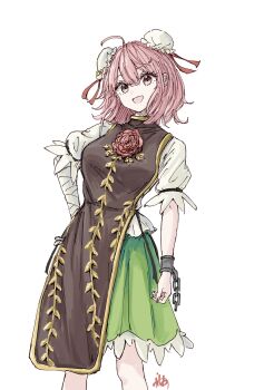 Rule 34 | 1girl, :d, ahoge, alt text, arm at side, bandaged arm, bandages, black tabard, breasts, bun cover, cuffs, double bun, feet out of frame, flower, green skirt, hair bun, hand on own hip, highres, ibaraki kasen, kashiwada kiiho, looking at viewer, medium breasts, open mouth, pink eyes, pink hair, red flower, shirt, short hair, short sleeves, signature, simple background, skirt, sleeve ribbon, smile, solo, standing, tabard, touhou, white background, white shirt