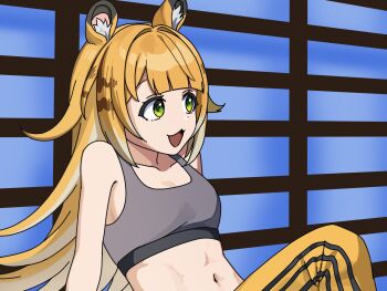 1girl :3 :d animal_ear_fluff animal_ears bare_shoulders blonde_hair breasts cleavage commentary_request crop_top fang green_eyes highres ju_fufu loli long_hair manatsu_no_yo_no_inmu midriff navel okomeyama open_mouth pants scene_reference small_breasts smile solo sports_bra stomach tiger_ears very_long_hair yellow_pants zenless_zone_zero